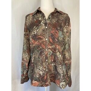 Western Pearl Snap Shirt Brown Womens M Paisley LS Button Blouse Neutral Earthy